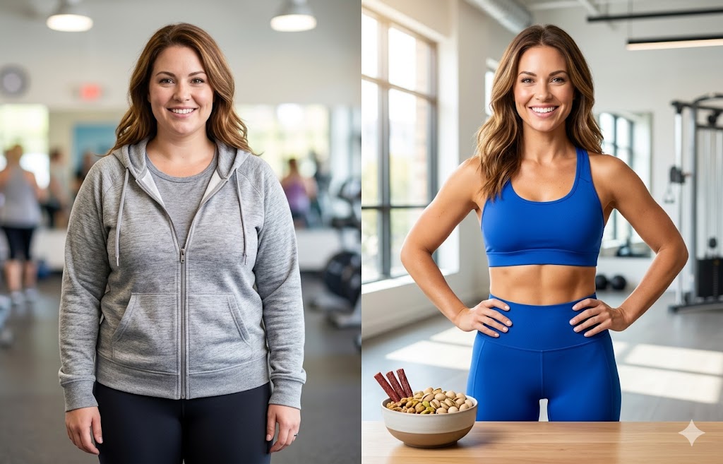 Side-by-side fitness and metabolic health transformation of a woman, featuring healthy low-UPF high-protein snacks like pistachios and beef sticks in a gym setting.